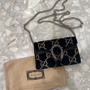 Velvet Jaquard G G Dionysus Design Super Mini Navy Teal and Golden & Silver